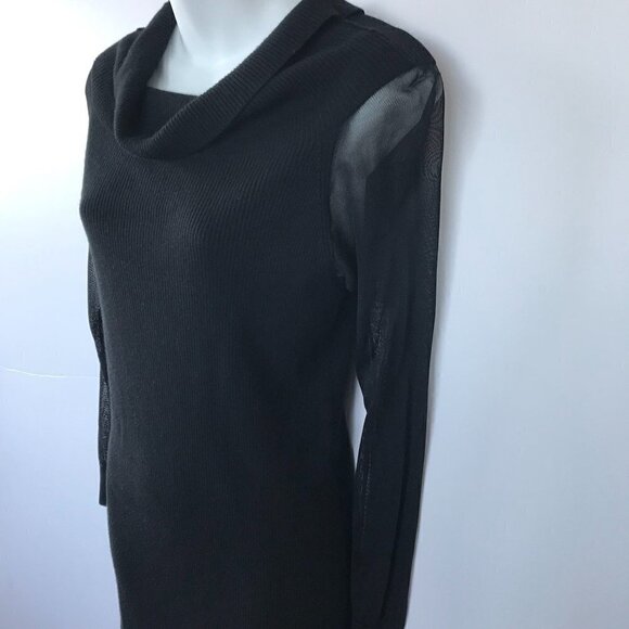H by HALSTON LBD, black stretchy knit dress, cowl neck, mesh sleeves, sz M - Picture 2 of 14